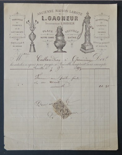 Facture 1899 gagneur pompe - facture,